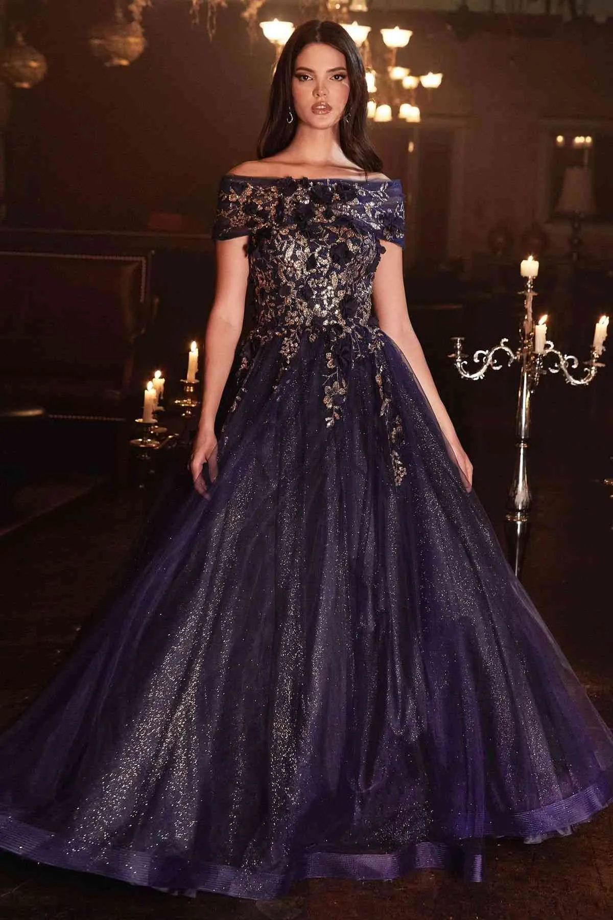 Cinderella Divine CD955 Long Strapless Glitter Layered Tulle Ball Gown
