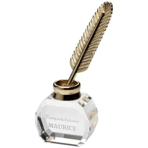 Clear Glass Award - Inkwell With Metal Feather Quill - 5in