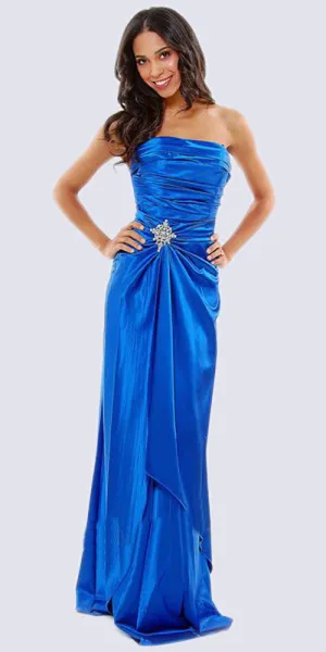 CLEARANCE - Long Strapless Formal Dress Satin Rhinestone Pleated Bodice (Size S, L)