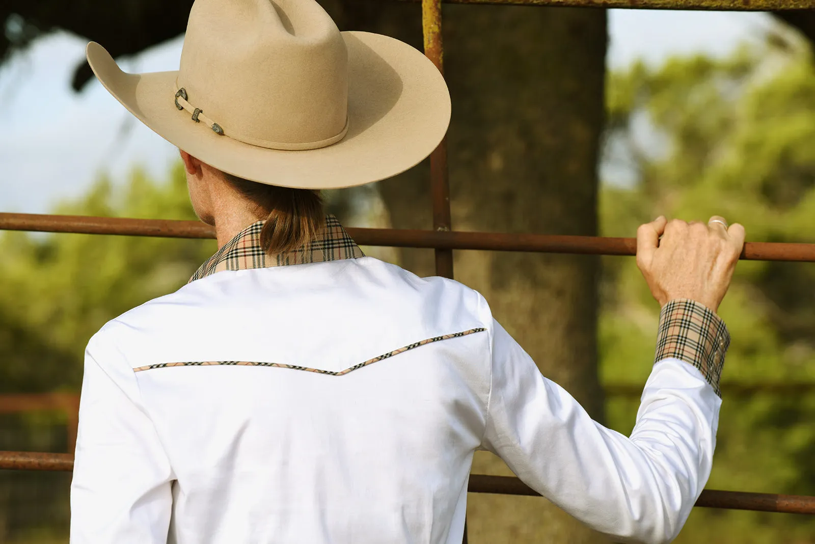 CR Tradition White Stretch Cotton Sateen with Tan Plaid - FINAL SALE