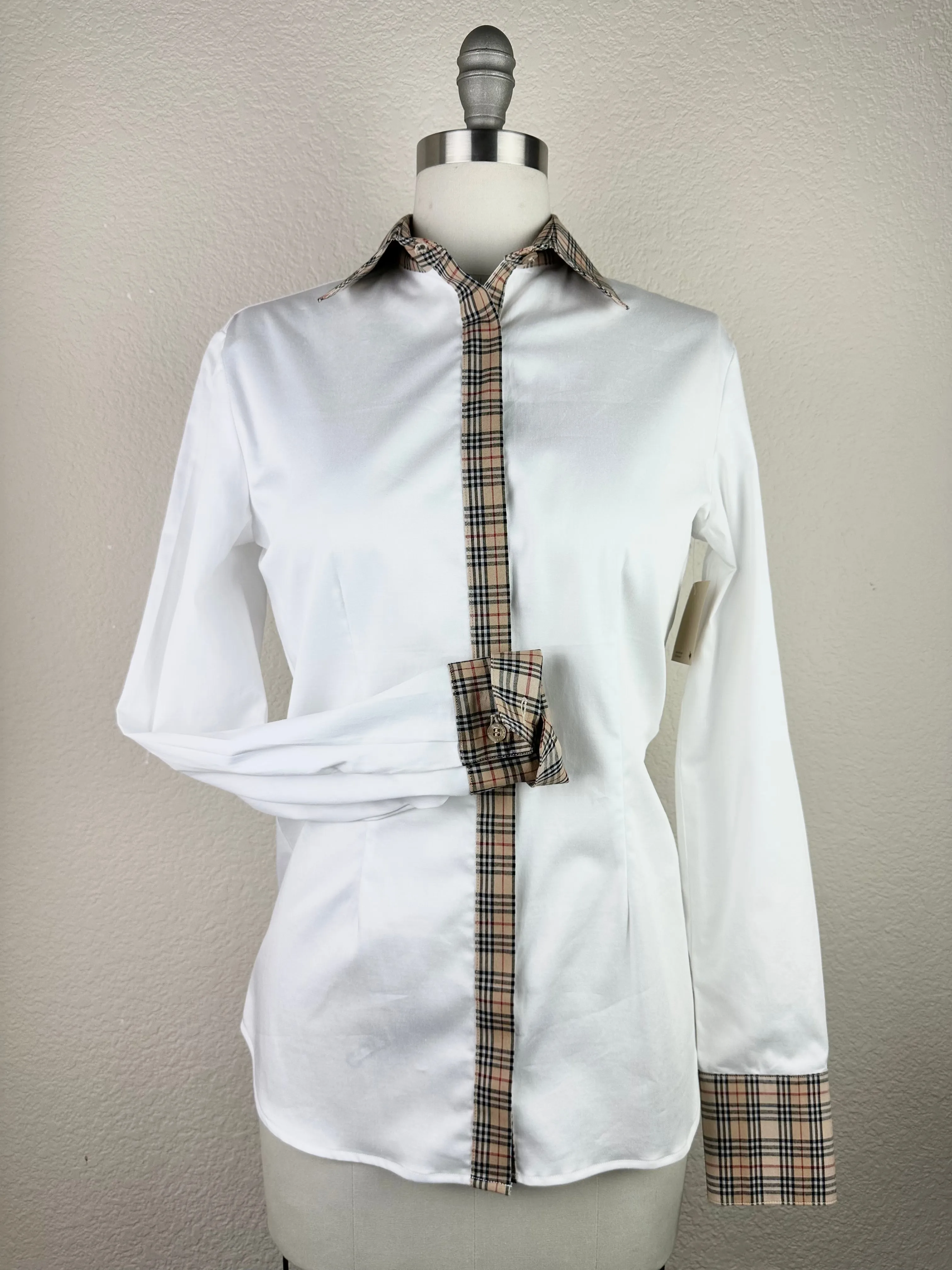 CR Tradition White Stretch Cotton Sateen with Tan Plaid - FINAL SALE