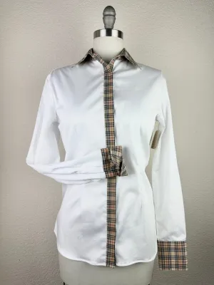 CR Tradition White Stretch Cotton Sateen with Tan Plaid - FINAL SALE