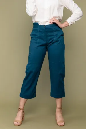 Cropped Cotton Pants in Teal Blue