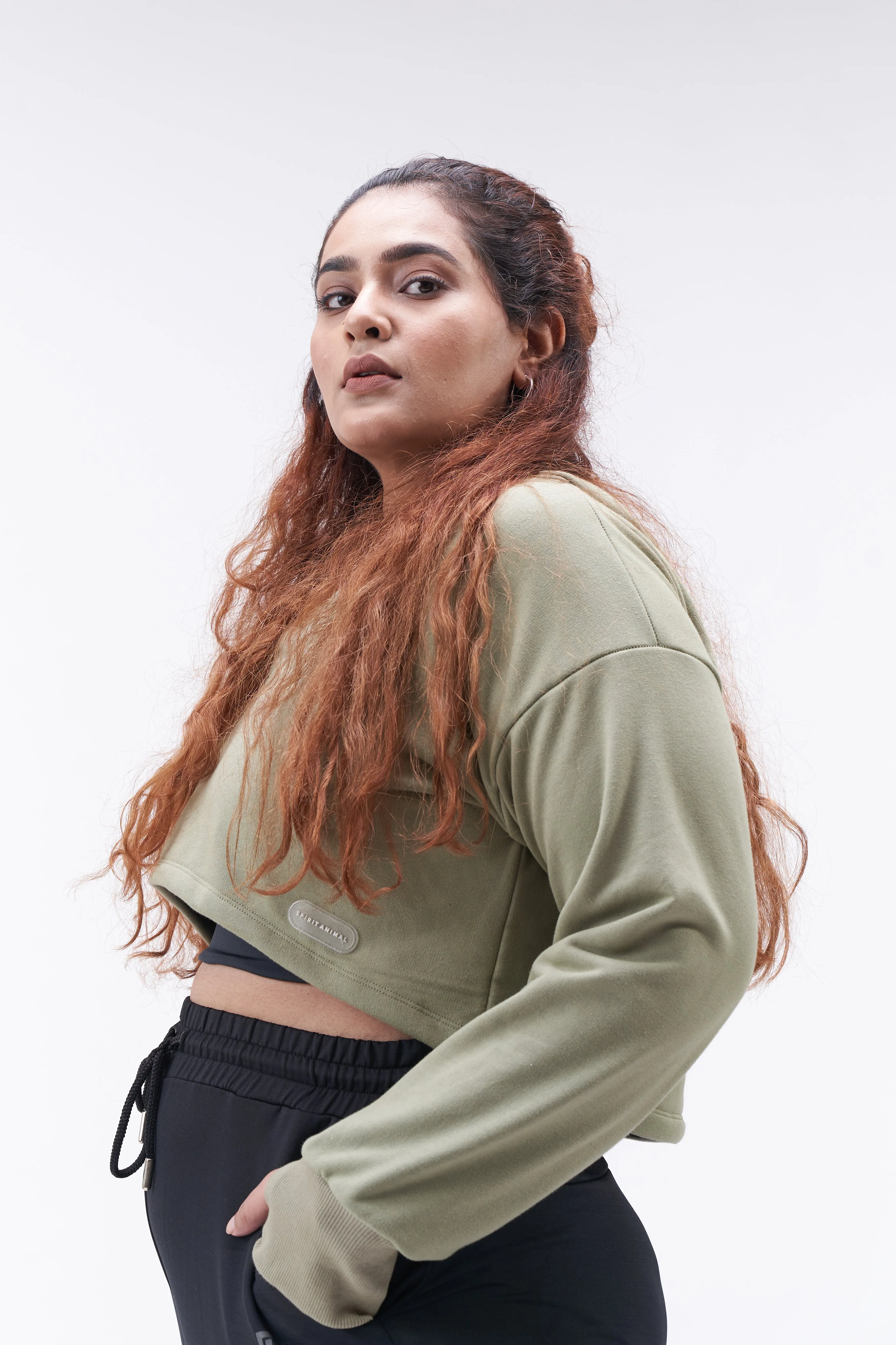 Curvy Cropped Hoodie: Olive