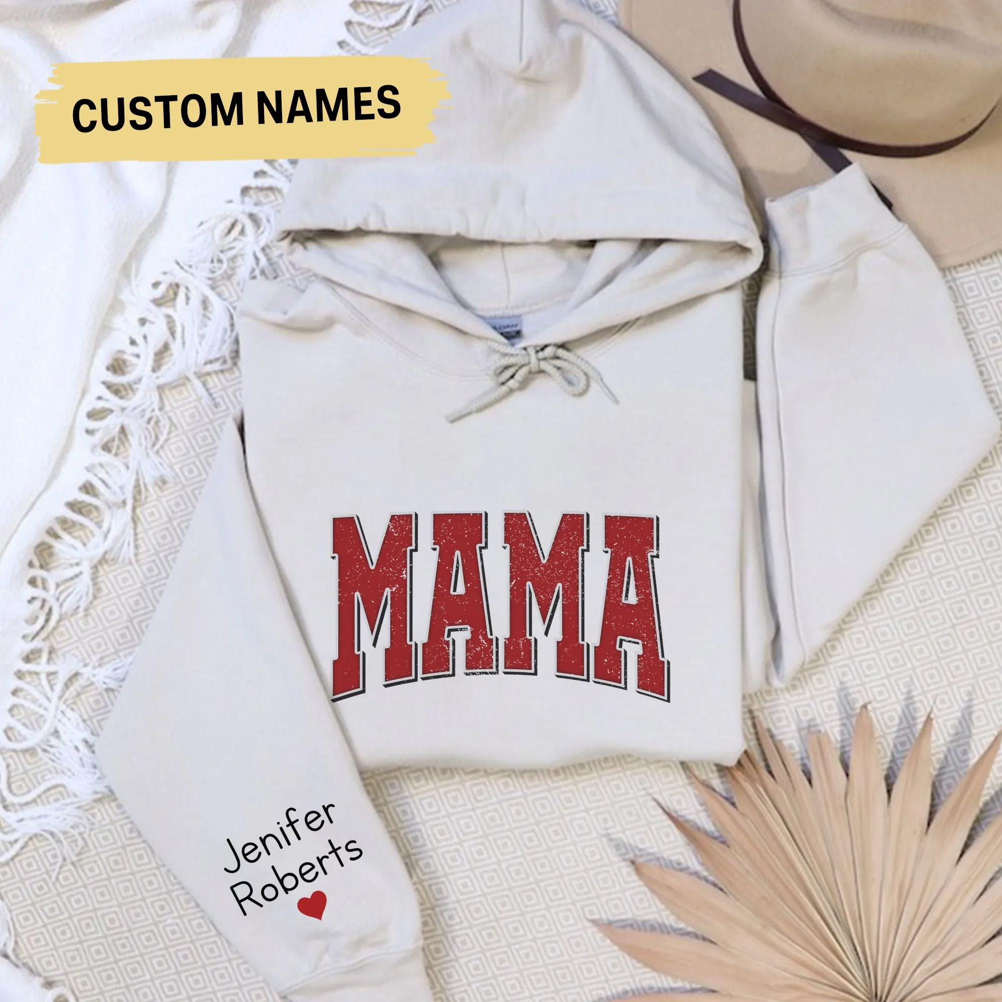 Custom Mama Hoodie With Kid Name On Sleeve, Personalized Mom Crewneck, Minimalist Momma Hoodie, Gift For Her, Christmas Gift For Mom