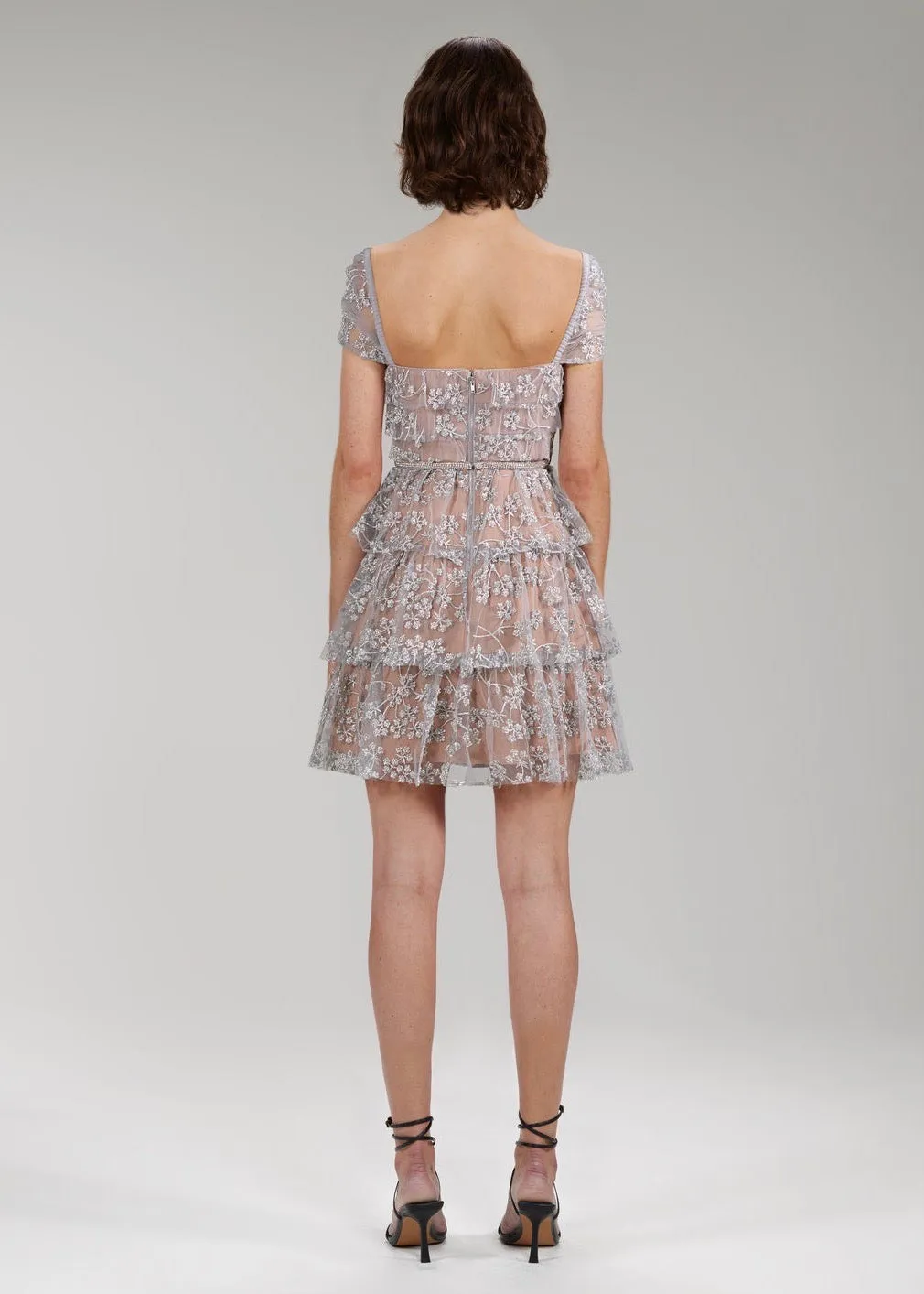 Embroidered Blossom Layered Bodice Mini Dress (Silver)