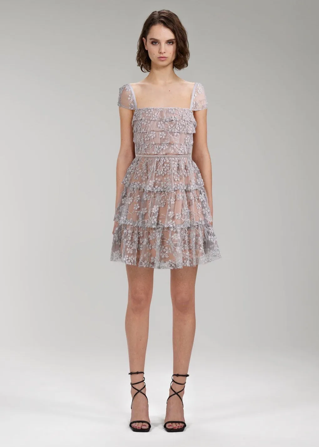 Embroidered Blossom Layered Bodice Mini Dress (Silver)
