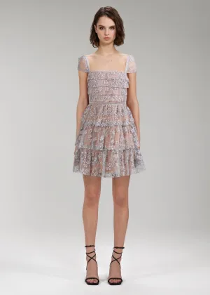 Embroidered Blossom Layered Bodice Mini Dress (Silver)