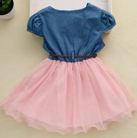 fashion Girls baby Lace Belt tutu cowboy dress children Patchwork mesh dresses for girl