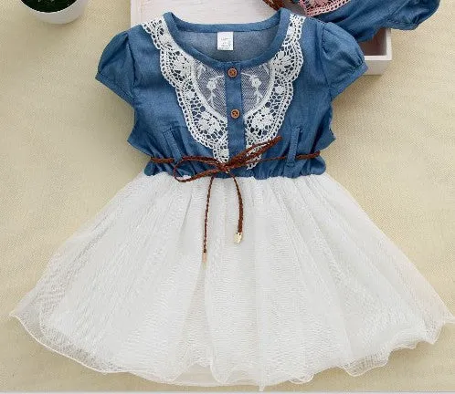 fashion Girls baby Lace Belt tutu cowboy dress children Patchwork mesh dresses for girl