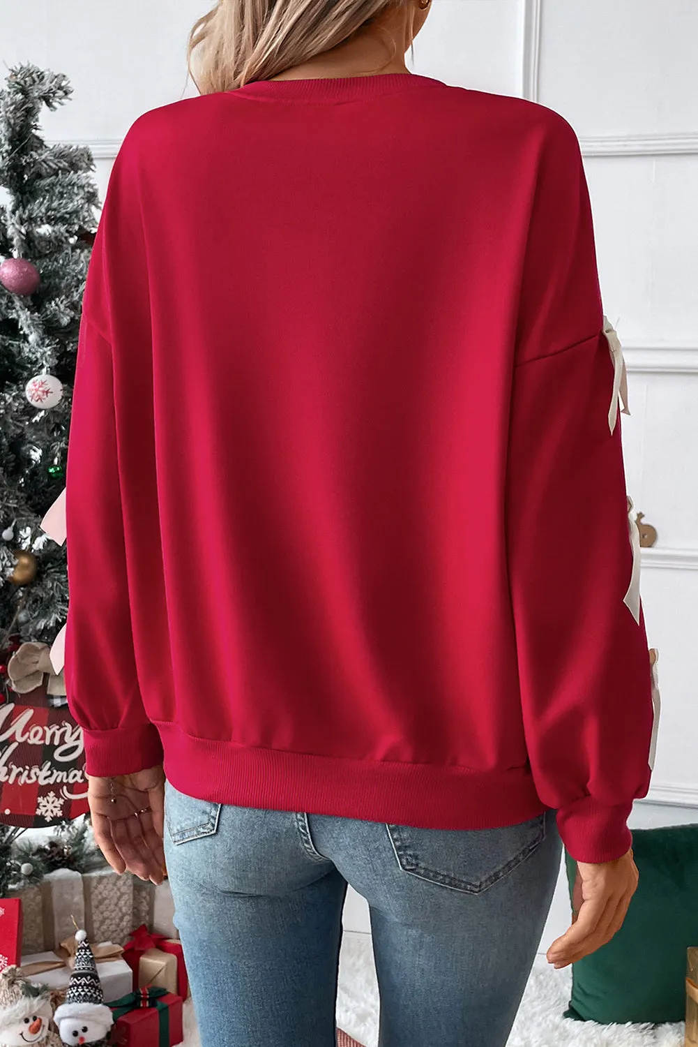 Fiery Red Contrast Bow Decor Dropped Sleeve Crewneck Sweatshirt