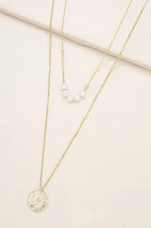 Five Mini Pearls and 18k Gold Plated Coin Layered Necklace Set