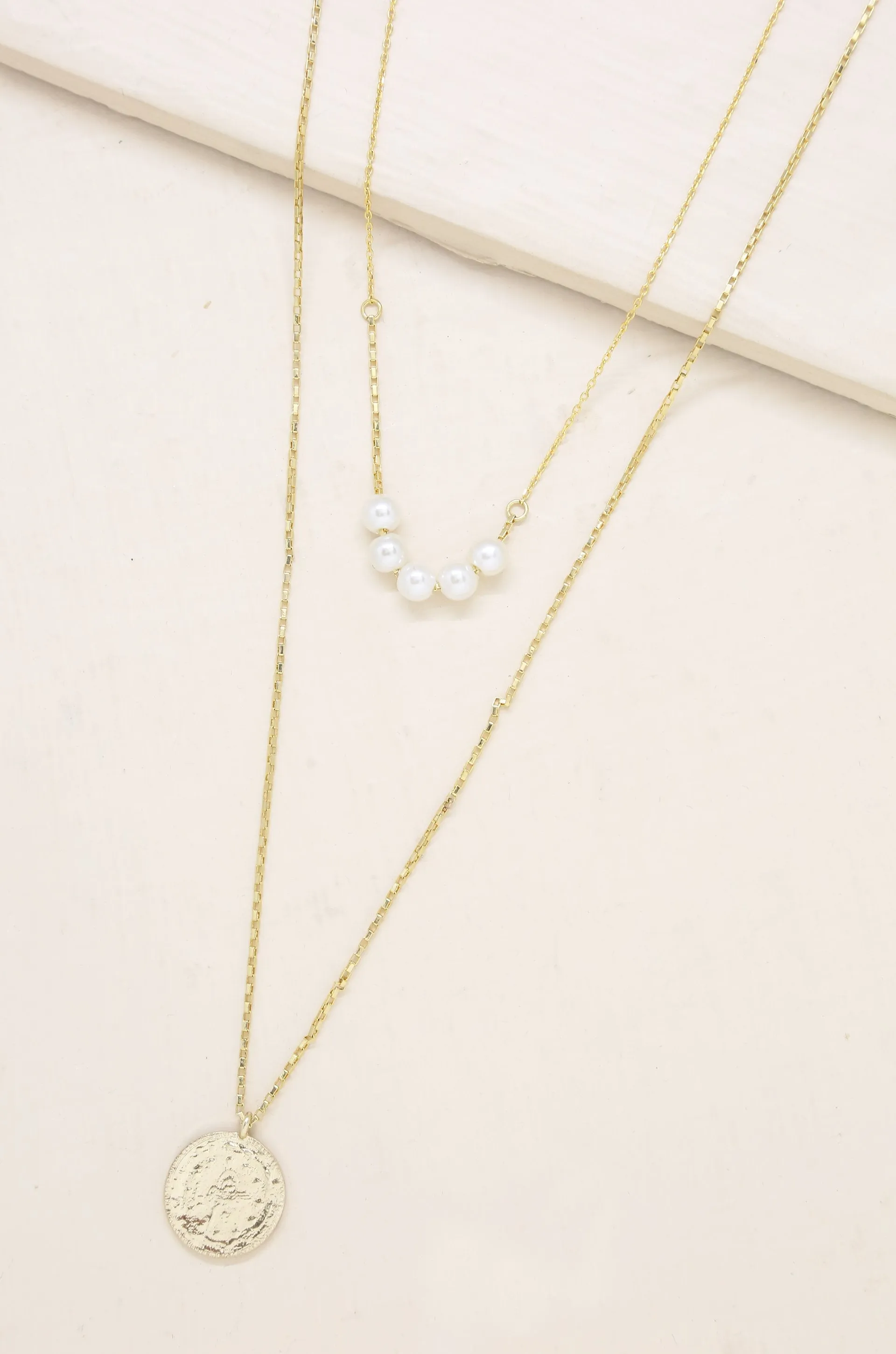Five Mini Pearls and 18k Gold Plated Coin Layered Necklace Set