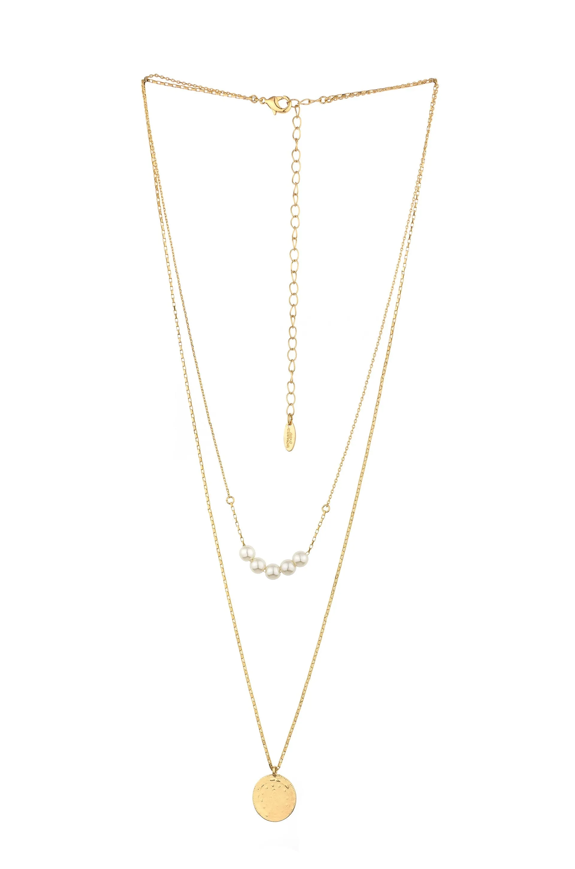 Five Mini Pearls and 18k Gold Plated Coin Layered Necklace Set
