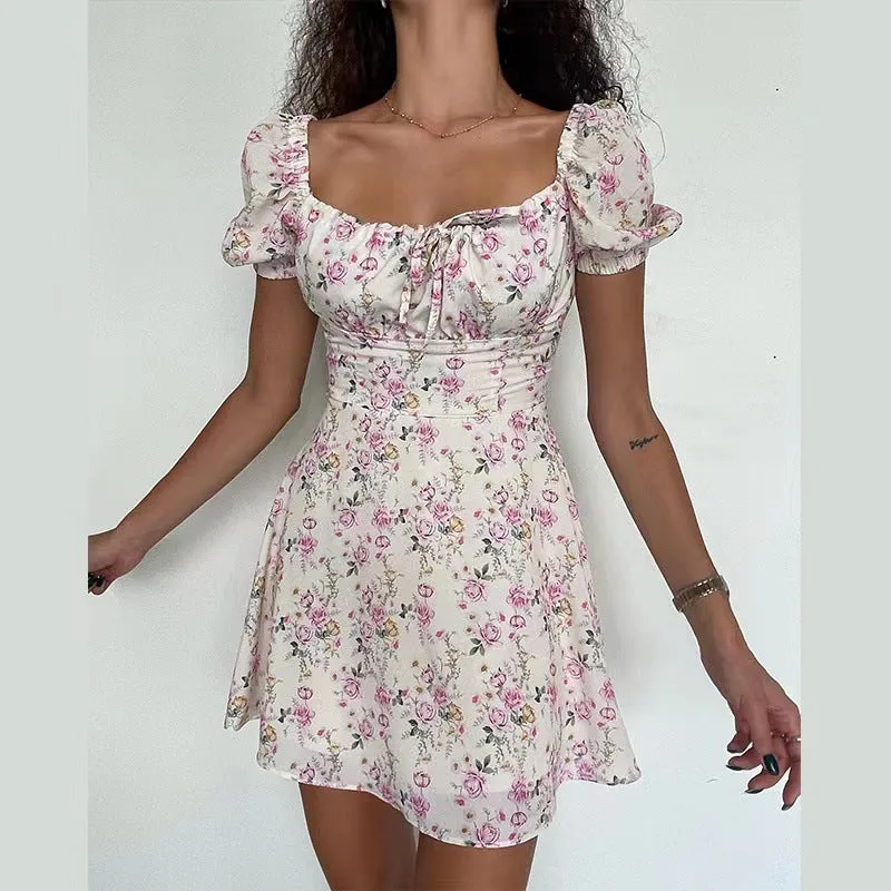 Floral High-Waist Bubble Sleeve Dress