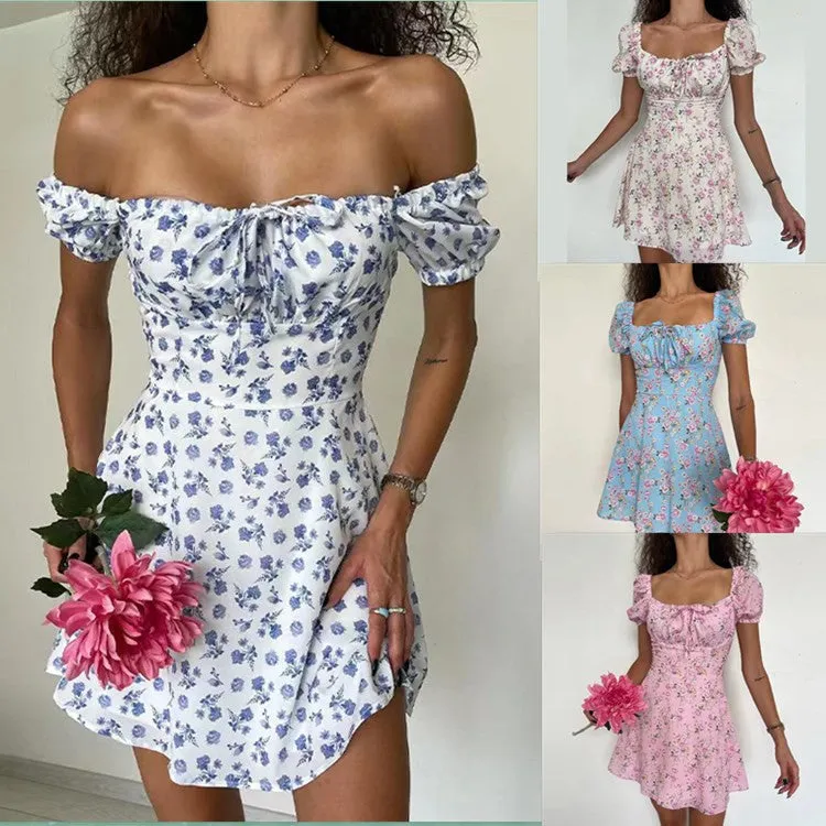 Floral High-Waist Bubble Sleeve Dress