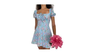 Floral High-Waist Bubble Sleeve Dress