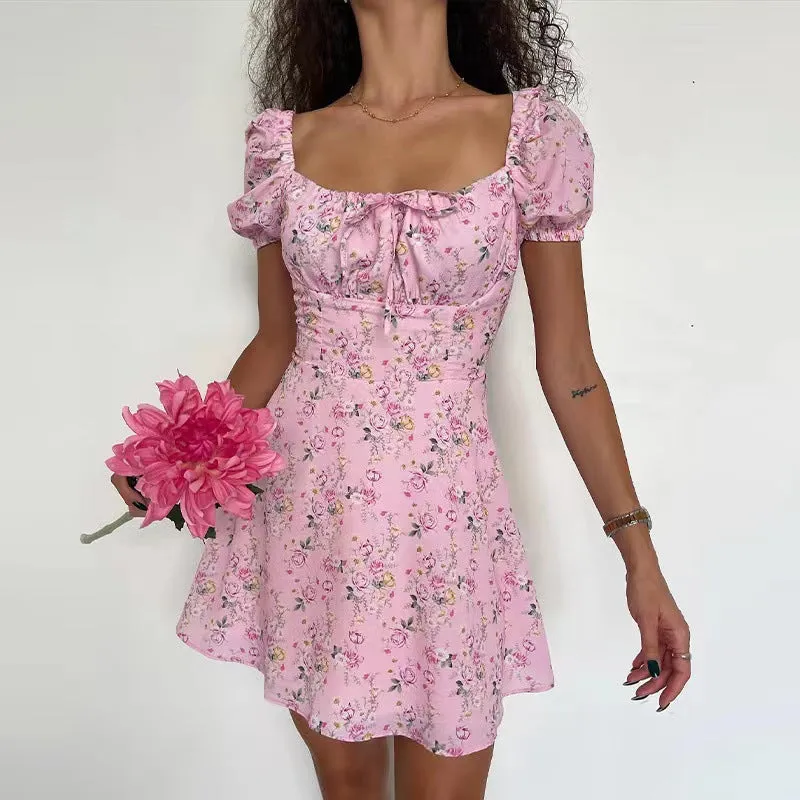 Floral High-Waist Bubble Sleeve Dress