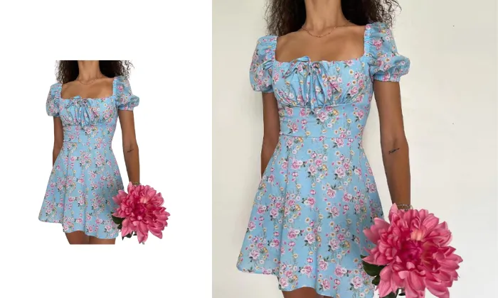Floral High-Waist Bubble Sleeve Dress
