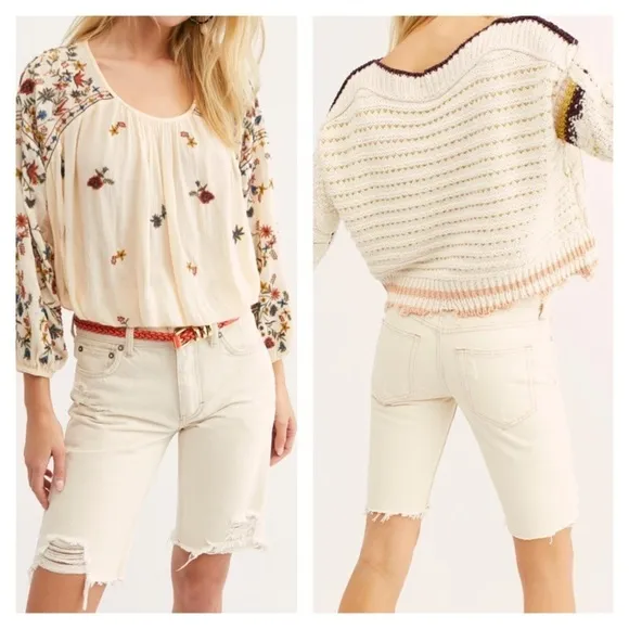 Free People NWT White Denim Bermuda Length Jean Shorts Ecru Size 25 Slim Fit