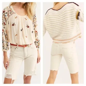 Free People NWT White Denim Bermuda Length Jean Shorts Ecru Size 25 Slim Fit