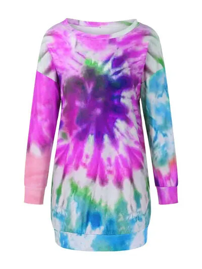 Full Size Tie-Dye Round Neck Long Sleeve Dress S-3XL