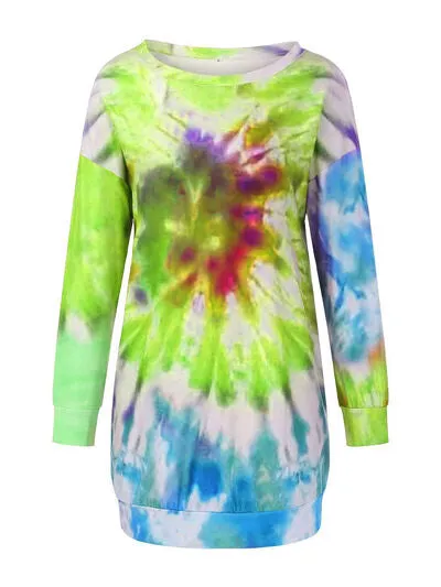 Full Size Tie-Dye Round Neck Long Sleeve Dress S-3XL