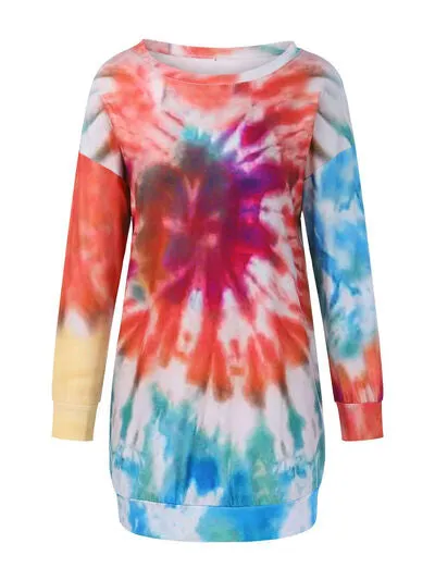 Full Size Tie-Dye Round Neck Long Sleeve Dress S-3XL