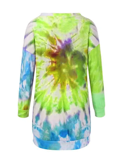 Full Size Tie-Dye Round Neck Long Sleeve Dress S-3XL