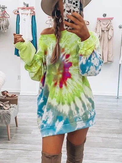 Full Size Tie-Dye Round Neck Long Sleeve Dress S-3XL