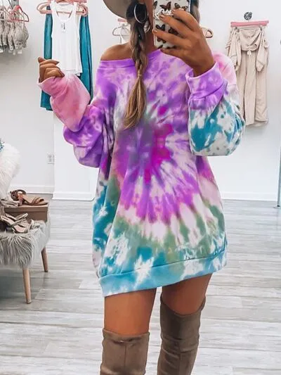Full Size Tie-Dye Round Neck Long Sleeve Dress S-3XL