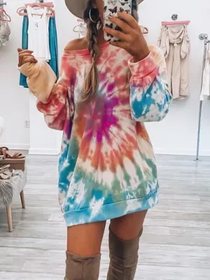 Full Size Tie-Dye Round Neck Long Sleeve Dress S-3XL