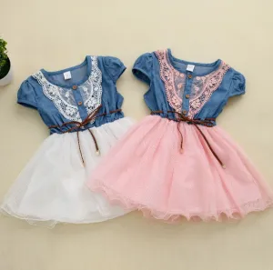 Girl Summer Denim Dress for kids Jeans Tutu Dresses Cute Beautiful with belt Children Dresses