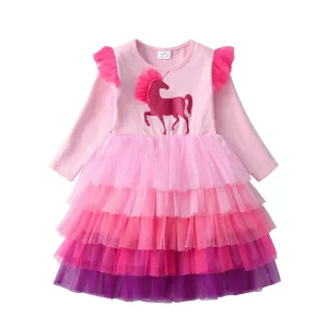 Girls Long Sleeve Dress Kids Unicorn Cartoon Dresses Girls Layered Mesh Tulle Princess Birthday Party Children Clothing