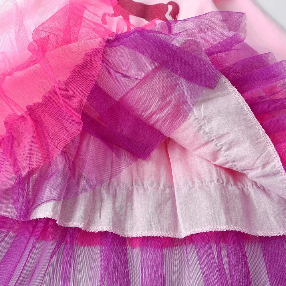 Girls Long Sleeve Dress Kids Unicorn Cartoon Dresses Girls Layered Mesh Tulle Princess Birthday Party Children Clothing