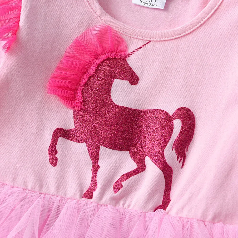 Girls Long Sleeve Dress Kids Unicorn Cartoon Dresses Girls Layered Mesh Tulle Princess Birthday Party Children Clothing