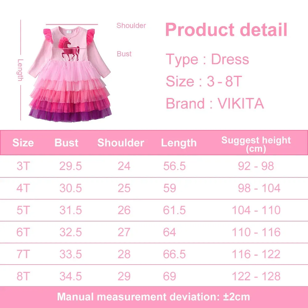 Girls Long Sleeve Dress Kids Unicorn Cartoon Dresses Girls Layered Mesh Tulle Princess Birthday Party Children Clothing