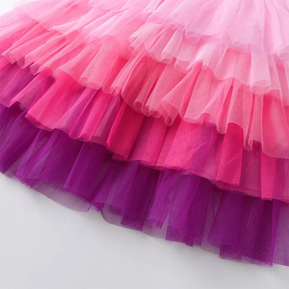 Girls Long Sleeve Dress Kids Unicorn Cartoon Dresses Girls Layered Mesh Tulle Princess Birthday Party Children Clothing