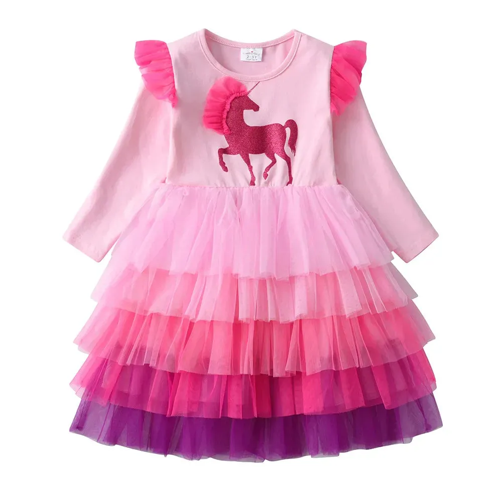 Girls Long Sleeve Dress Kids Unicorn Cartoon Dresses Girls Layered Mesh Tulle Princess Birthday Party Children Clothing