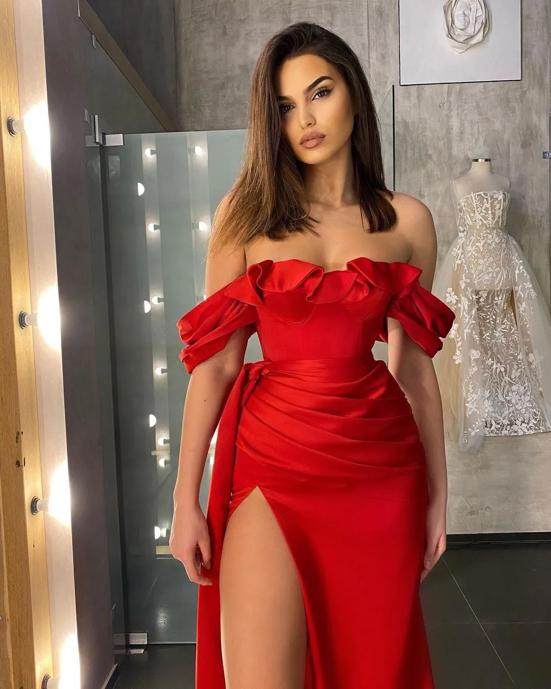 Gorgerous Off-shoulder Side Slit Satin Red Long Prom Dresses, PDS0257