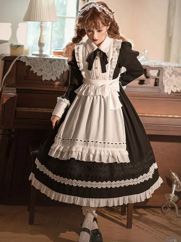 Gothic Lolita Dress Ruffles Bows Long Sleeves Polyester Maid Dress Black Lolita Dress Apron 2-Piece Set