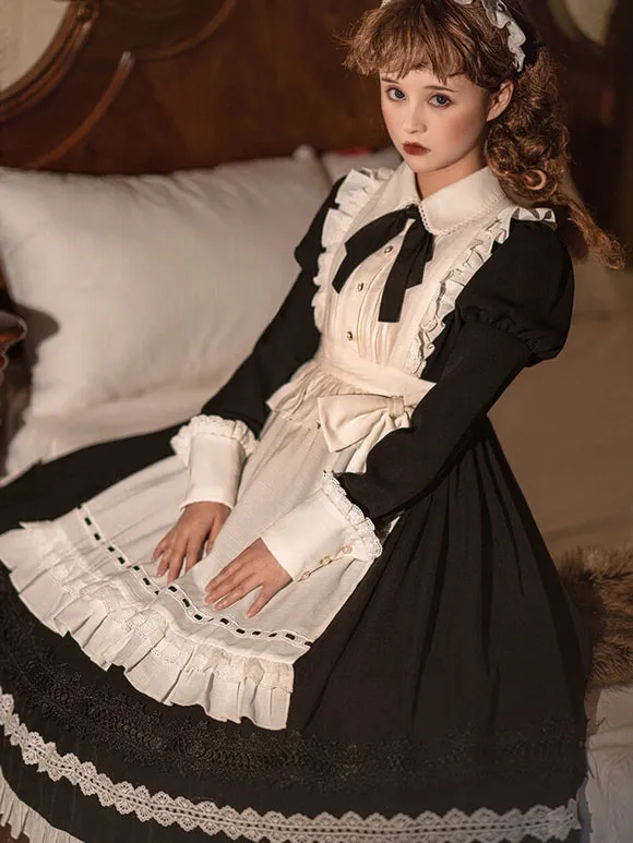 Gothic Lolita Dress Ruffles Bows Long Sleeves Polyester Maid Dress Black Lolita Dress Apron 2-Piece Set