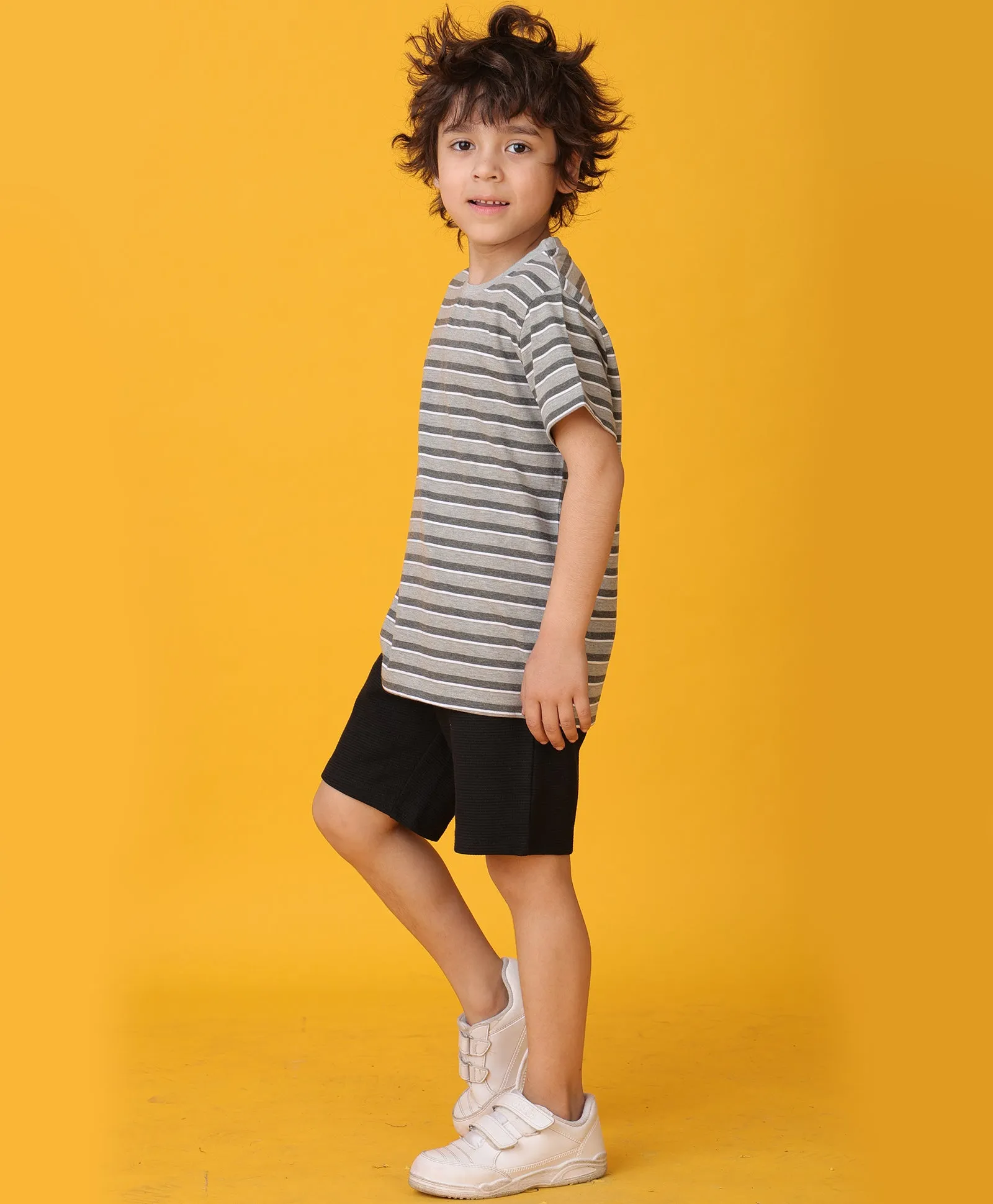 GREY MELANGE STRIPED BLACK SHORTS SET - GREY/BLACK