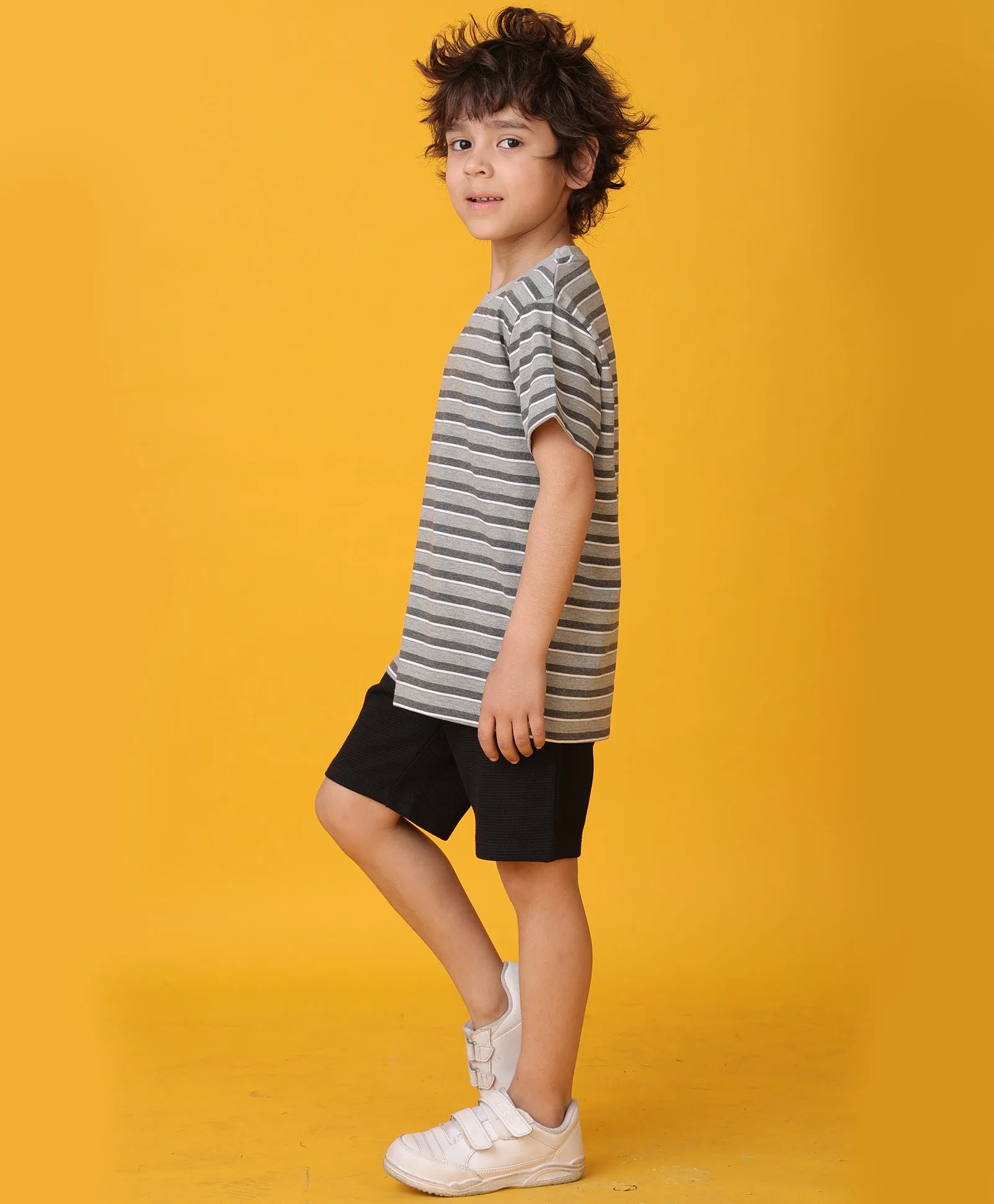 GREY MELANGE STRIPED BLACK SHORTS SET - GREY/BLACK