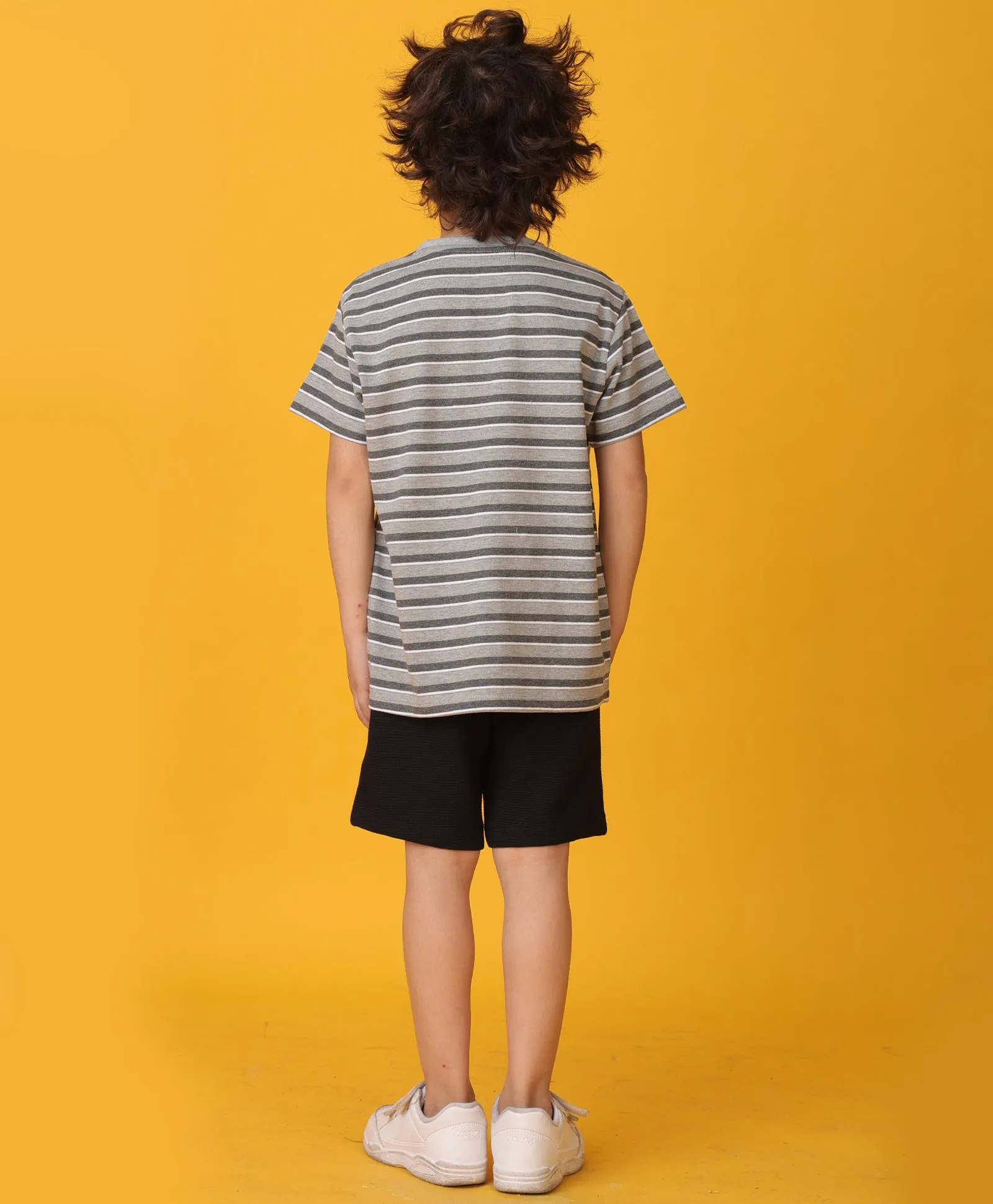 GREY MELANGE STRIPED BLACK SHORTS SET - GREY/BLACK