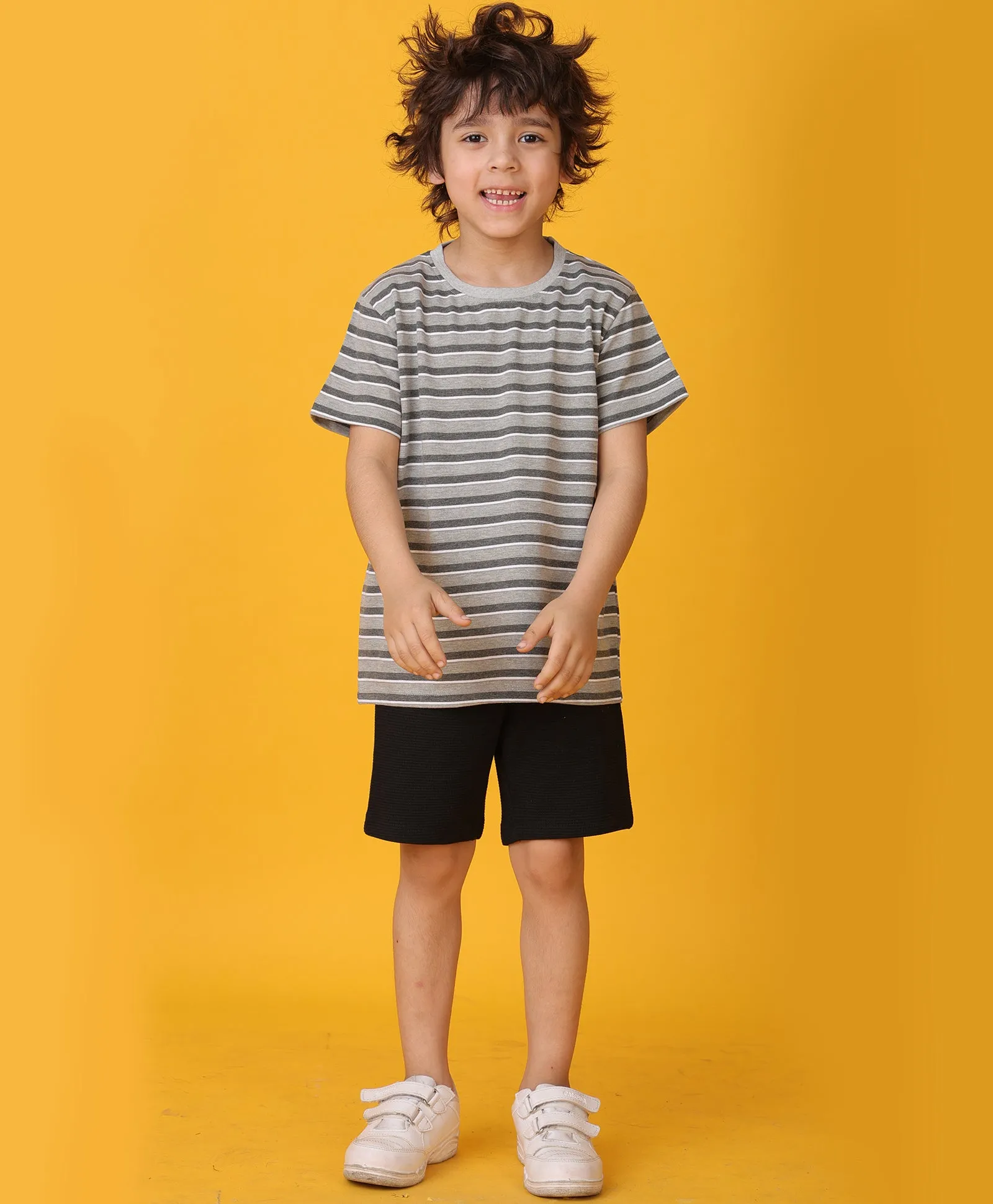 GREY MELANGE STRIPED BLACK SHORTS SET - GREY/BLACK