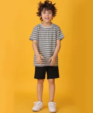 GREY MELANGE STRIPED BLACK SHORTS SET - GREY/BLACK