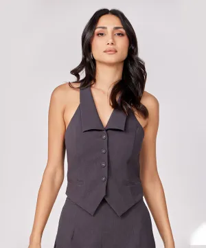Halter Neck Buttoned Dark Grey Waistcoat