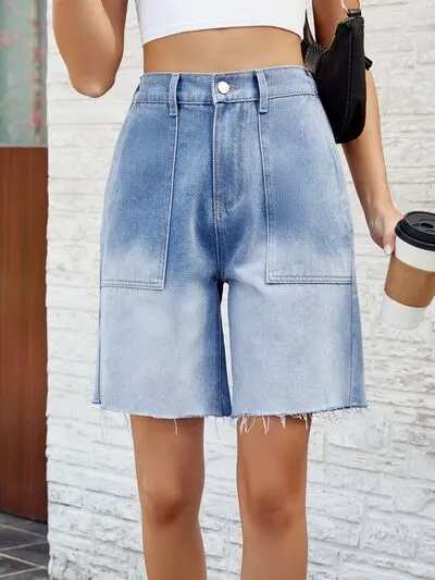 Hazel Blues® |  Buttoned Raw Hem Denim Shorts with Pockets