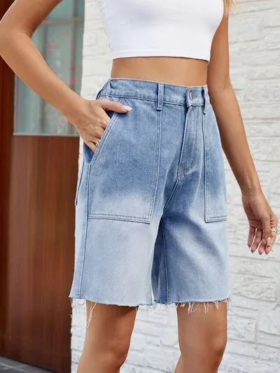 Hazel Blues® |  Buttoned Raw Hem Denim Shorts with Pockets